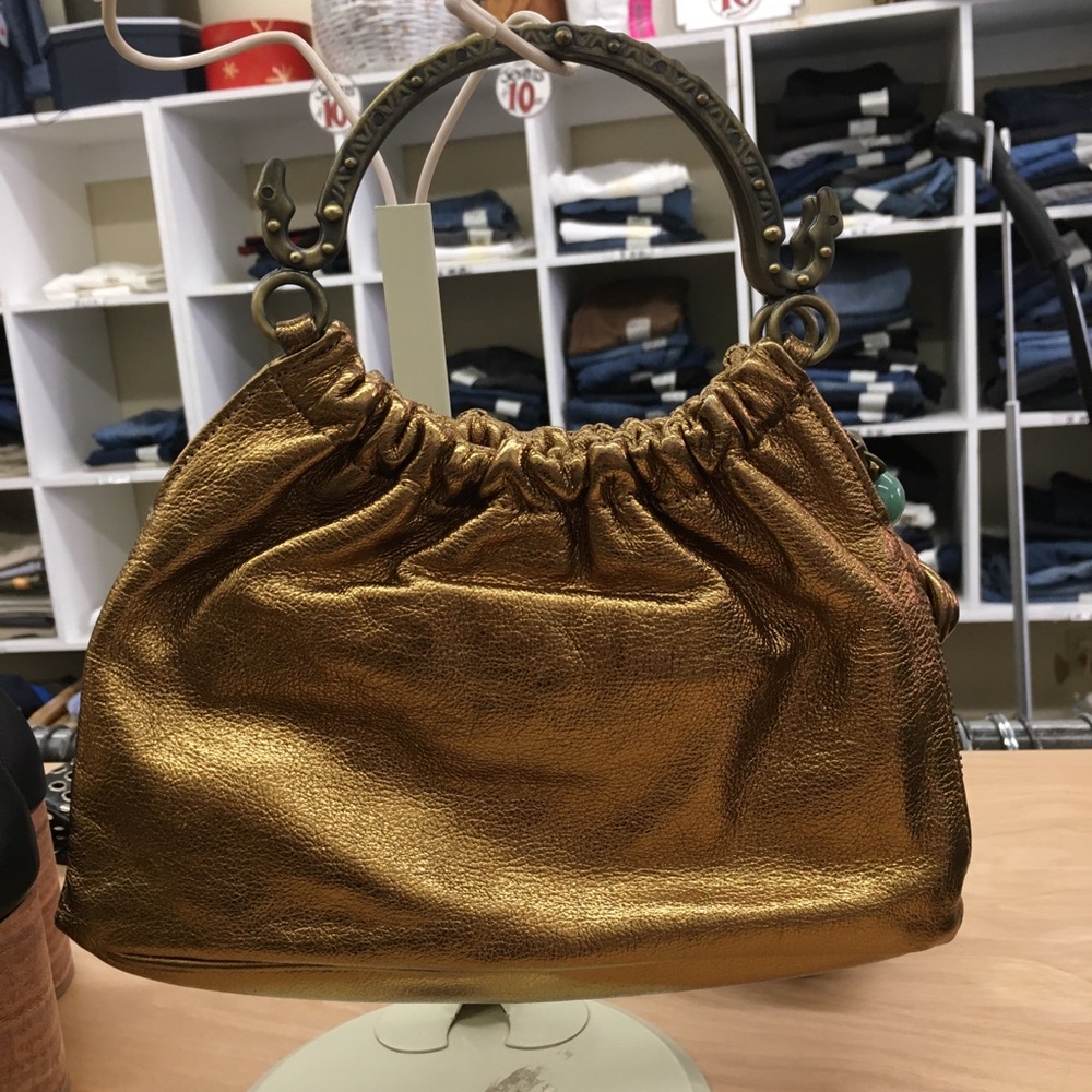 Shanghai Tang Gold leather and metal evening bag.